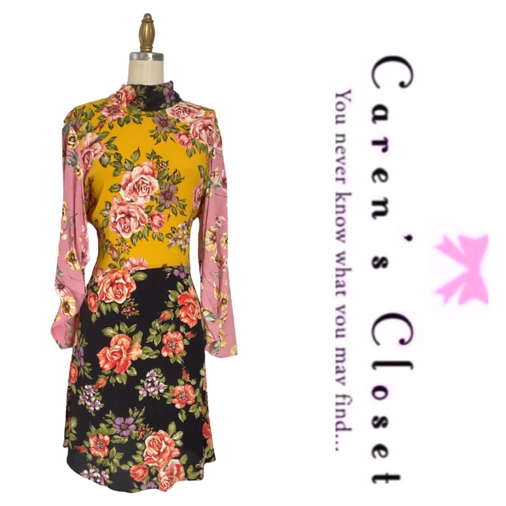 Zara Mixed Floral Long Sleeve Tie Neck Boho Chic Dress - Picture 5 of 12